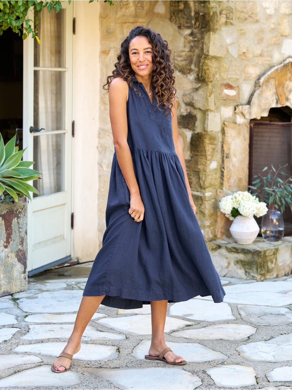 Frank & Eileen Daphne Linen Dress Sleeveless Navy Collared Dress Size Medium